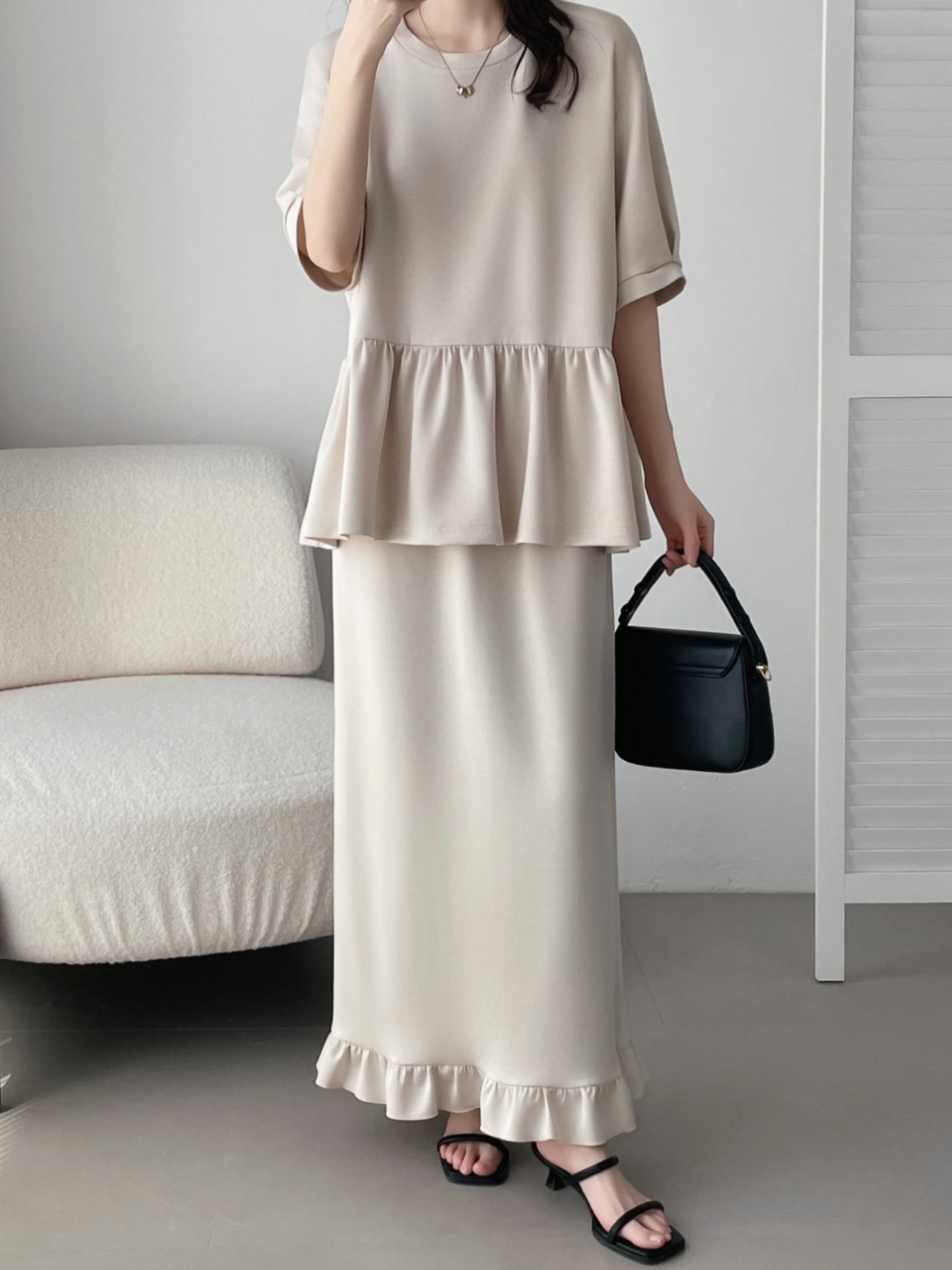 Peplum frill cardboard pullover + frill hem maxi skirt SET 3 colors