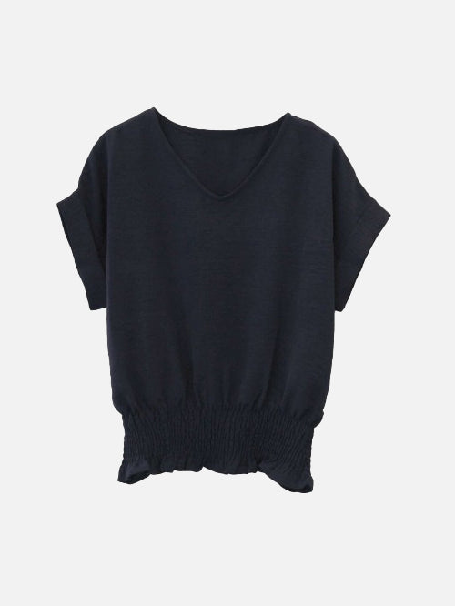 Waist shirred deep V-neck blouse in 8 colors