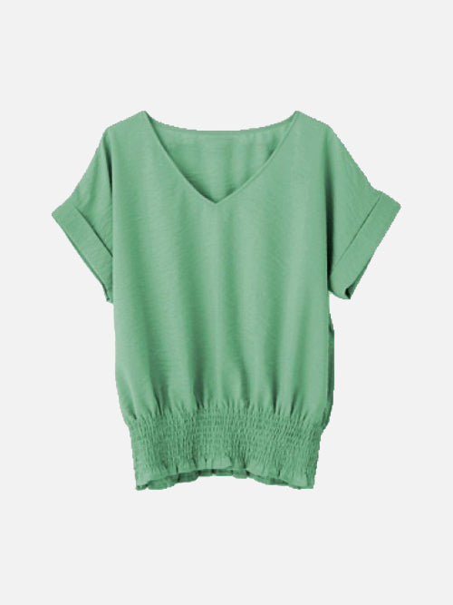 Waist shirred deep V-neck blouse in 8 colors