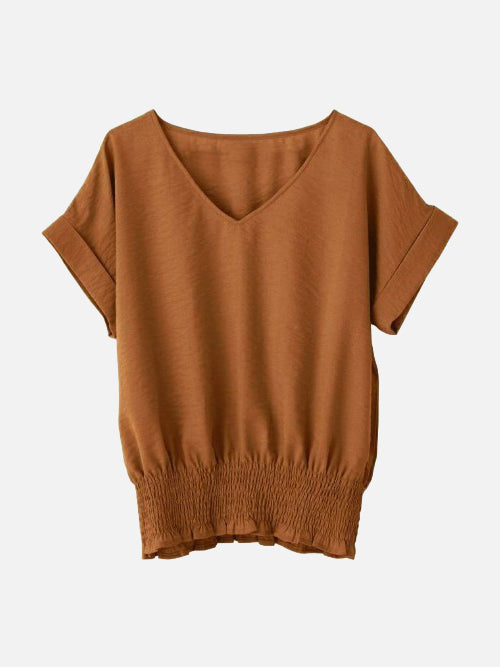 Waist shirred deep V-neck blouse in 8 colors