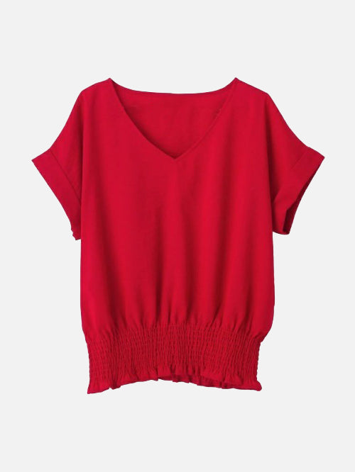 Waist shirred deep V-neck blouse in 8 colors