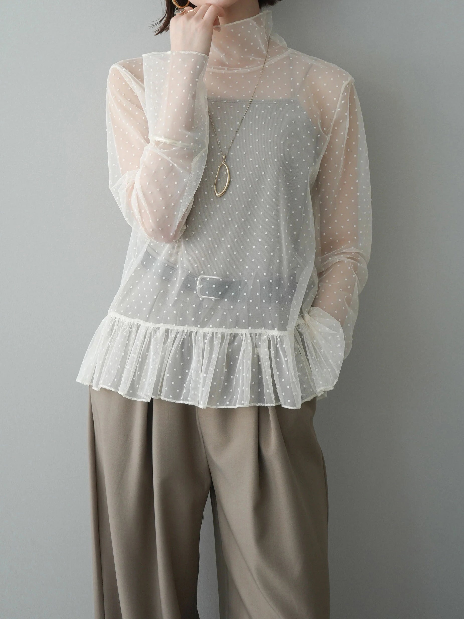 ハイネックシアードットチュールトップス　3色入 - SonderSable