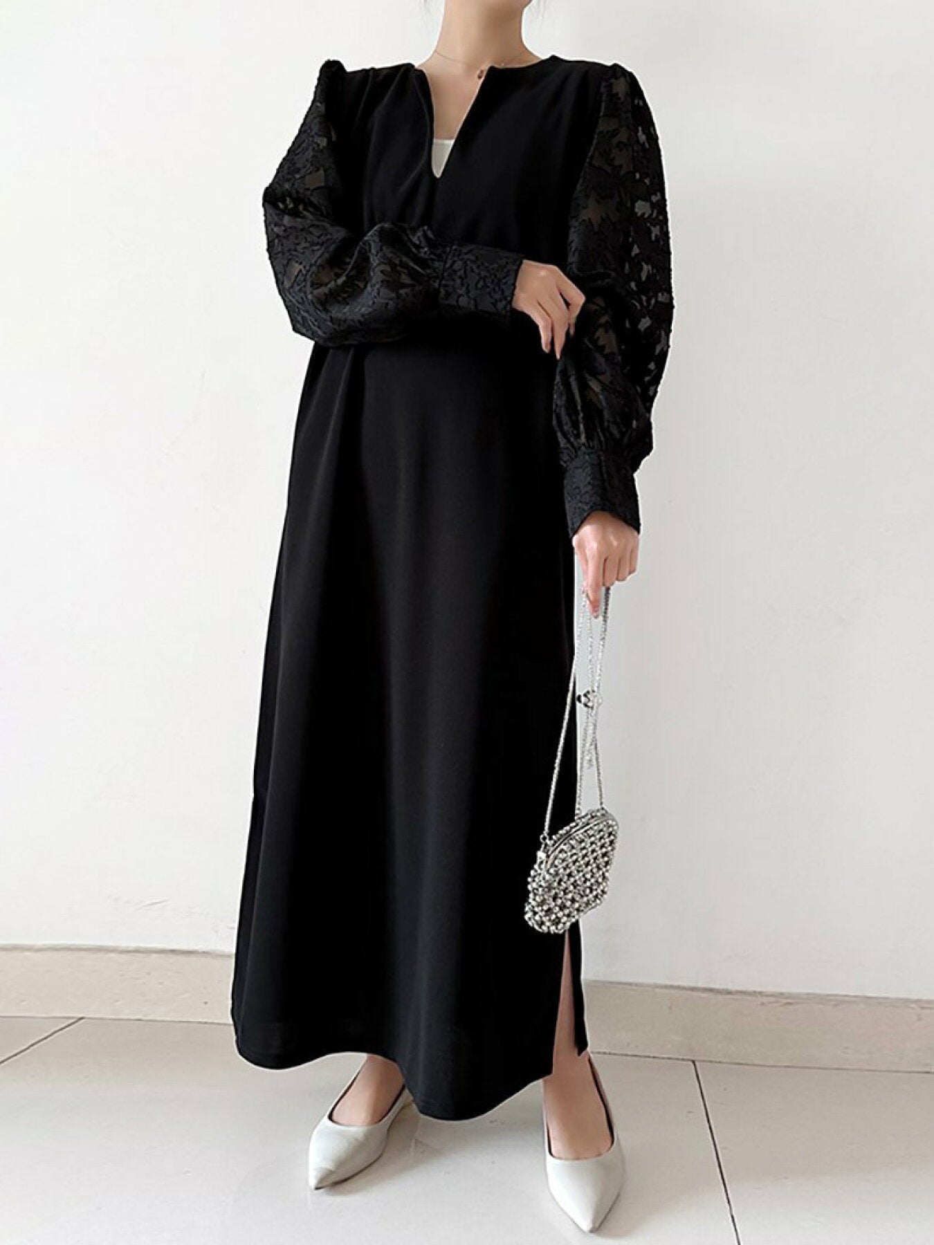 Two-way front and back jacquard voluminous sleeve long dress in three colors