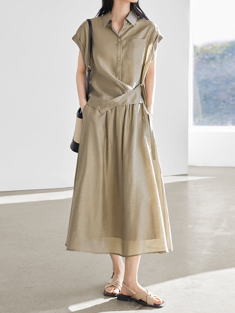 Shirt with waist belt + flare skirt set (2 colors)