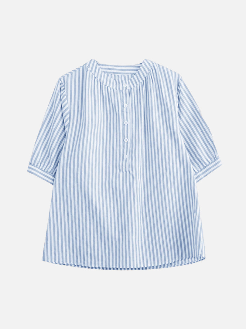 Band collar striped blouse in 3 colors