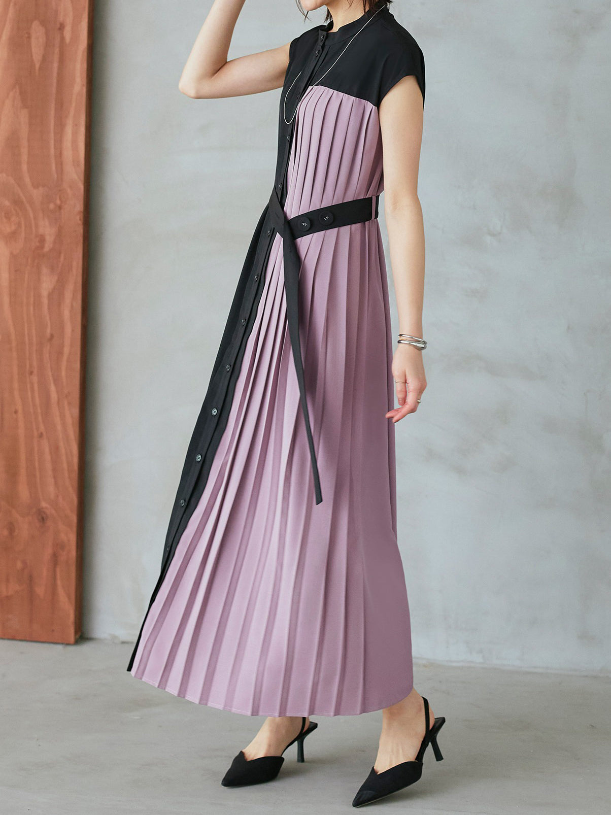 French Sleeve Pleated Panel Long Dress 5 Colors