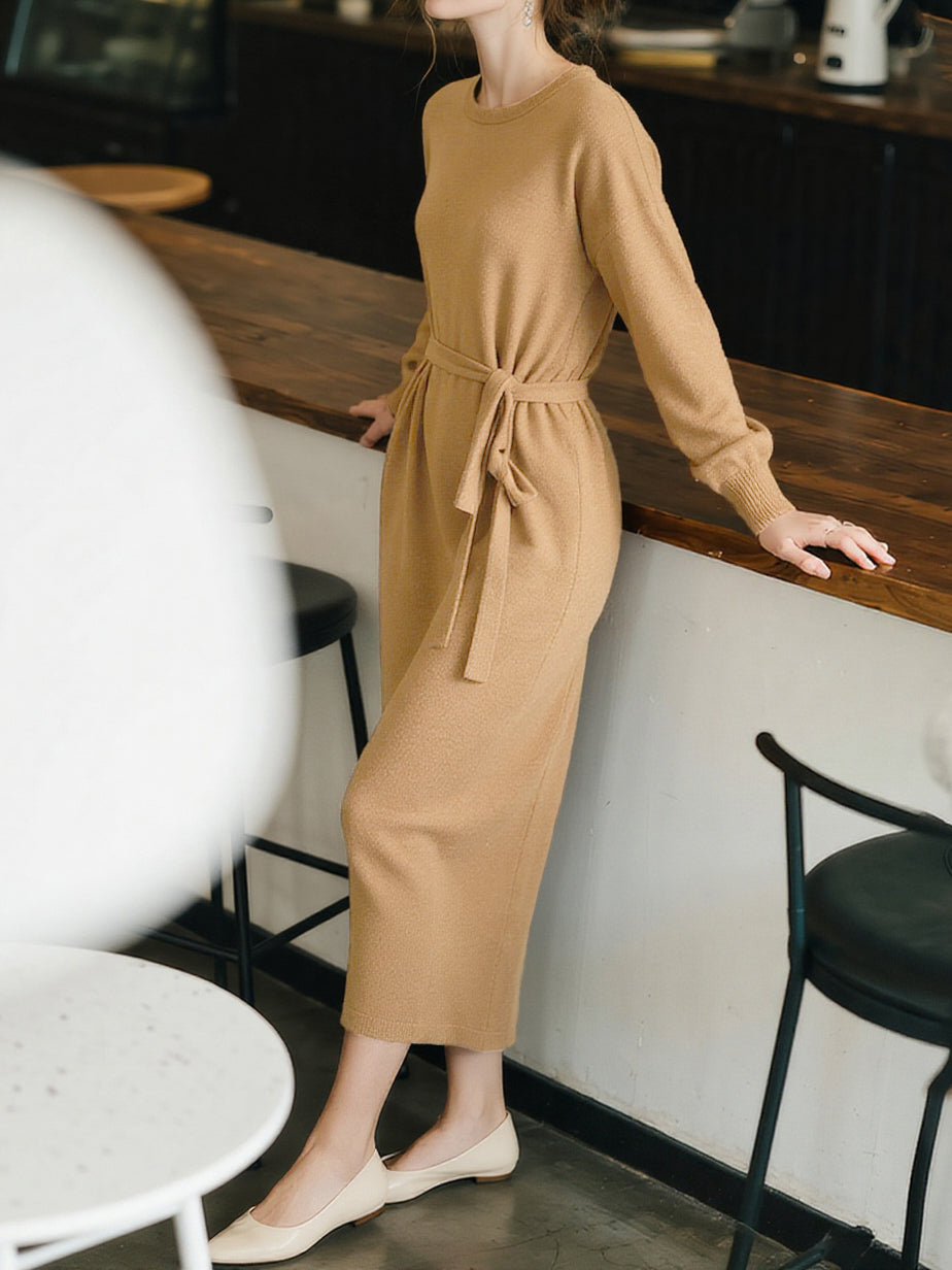Belted Long Relaxed Knit Dress (5 colors)