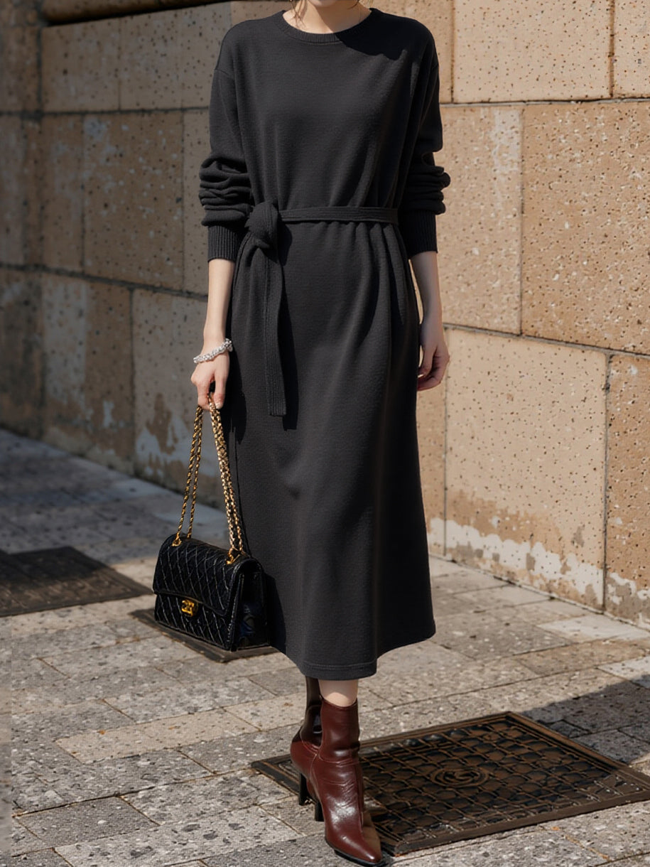 Belted Long Relaxed Knit Dress (5 colors)