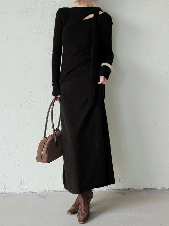 Asymmetrical Bowtie Knit + Long Flared Knit Skirt Set (5 Colors)