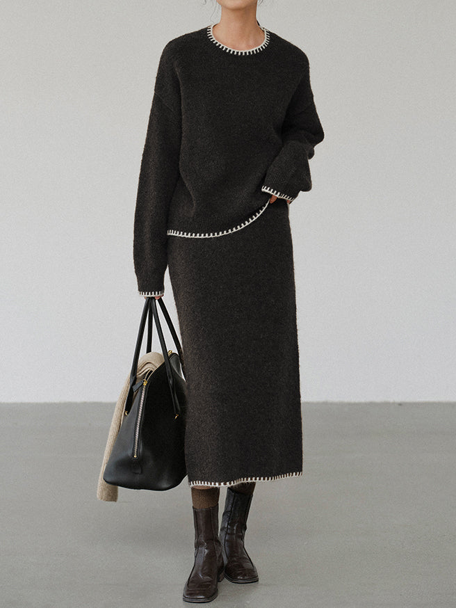 配色ハンドステッチニットトップス＋タイトスカートSET　4色入