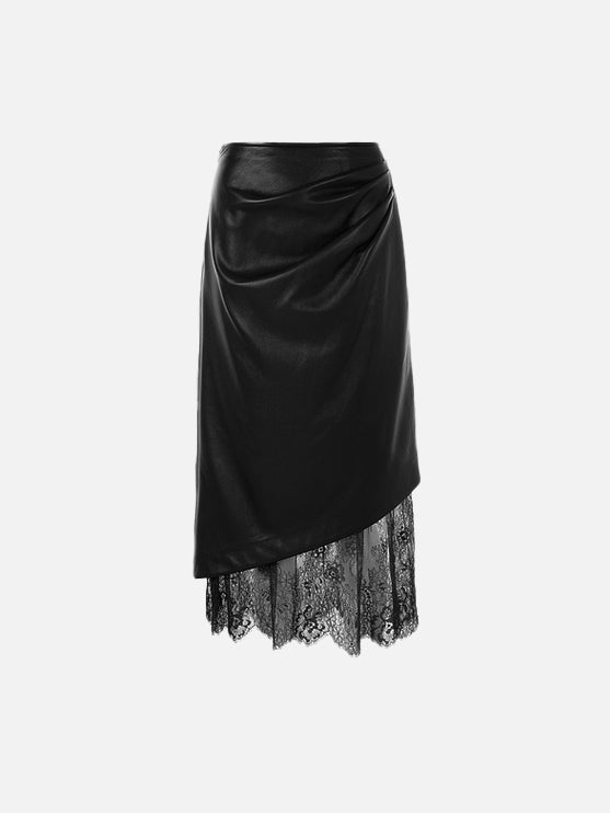 Lace-docking asymmetrical hem leather skirt (2 colors)
