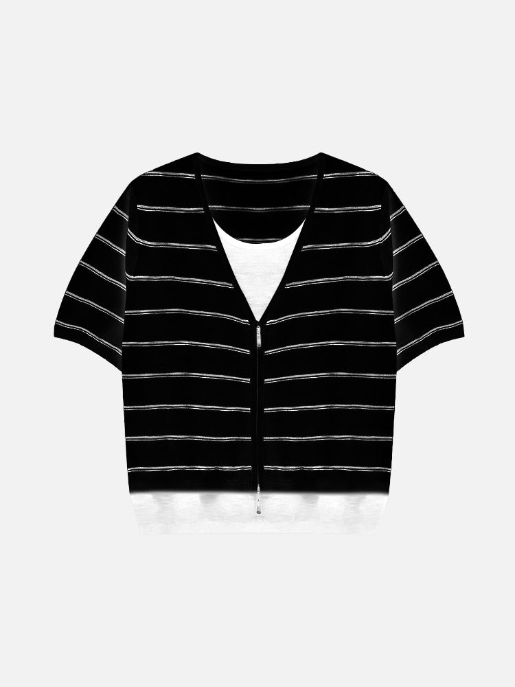 Zipper layered striped knit in 3 colors