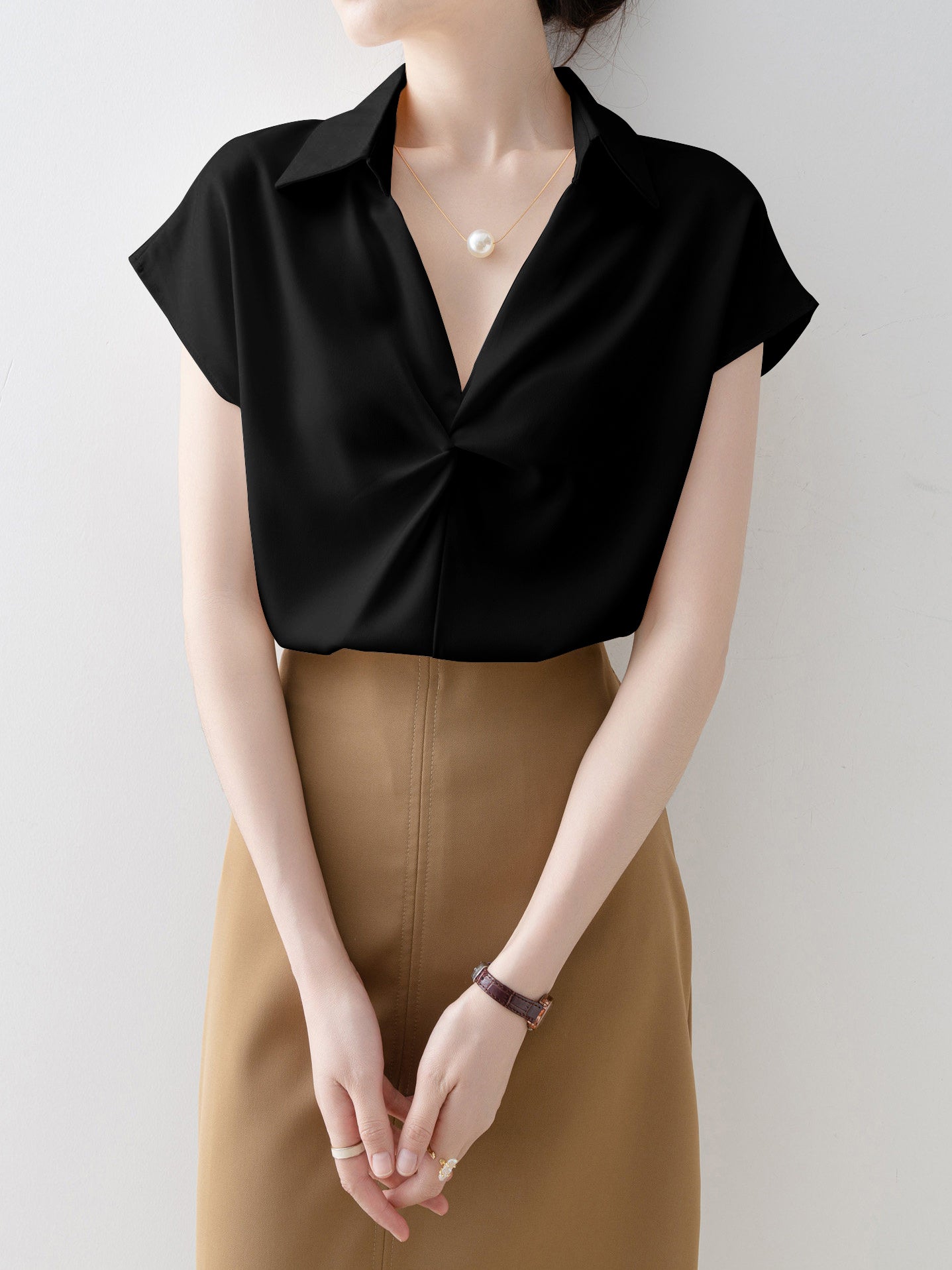 フロントノットパールデザインブラウス　3色入