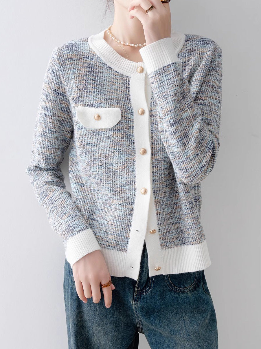 Flap color-coordinated mixed yarn knit cardigan (3 colors)
