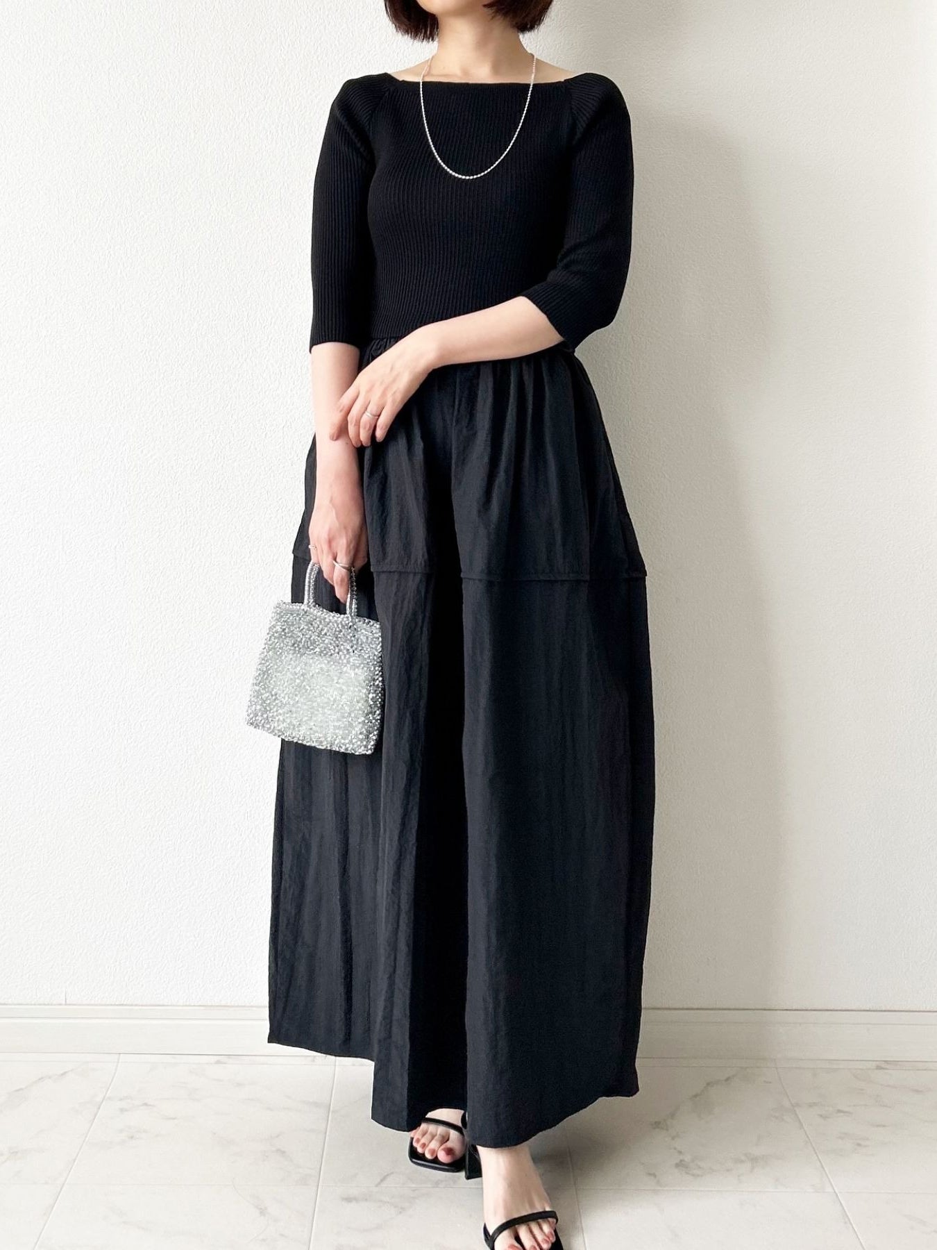 Square neck knit combination cocoon dress in 3 colors