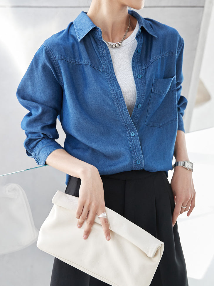 Round hem denim shirt in 2 colors