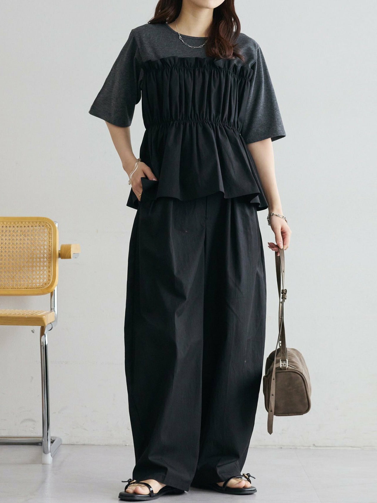 Shirred Docking T-Shirt + Wide Pants Set - 3 Colors