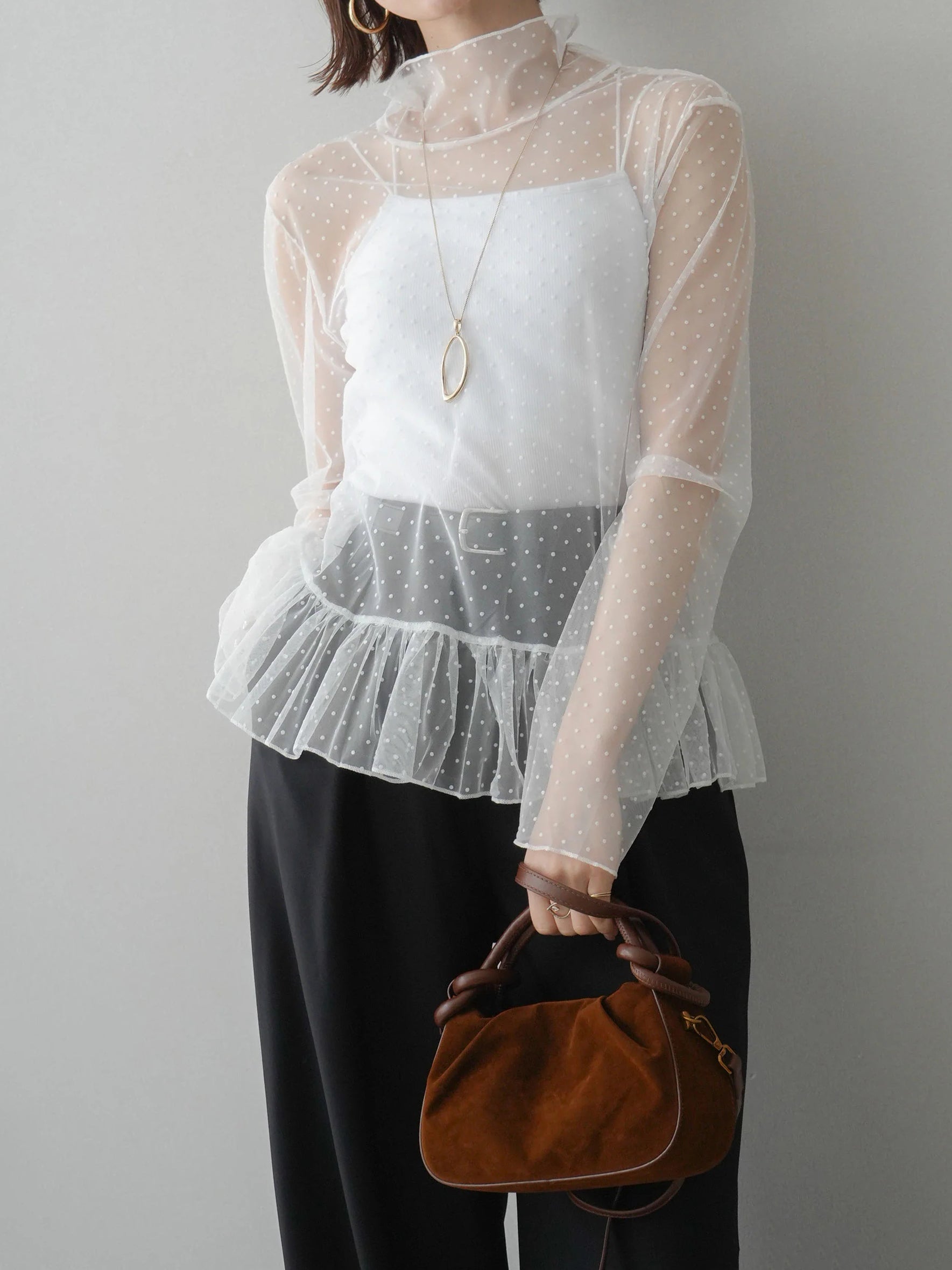 ハイネックシアードットチュールトップス　3色入