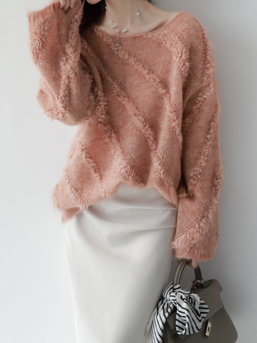 Diagonal fringe design knitwear in 3 colors