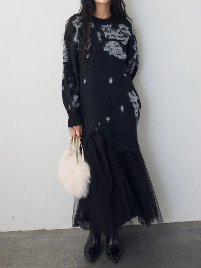 Motif Jacquard Knit Layered Tulle Dress (3 colors)