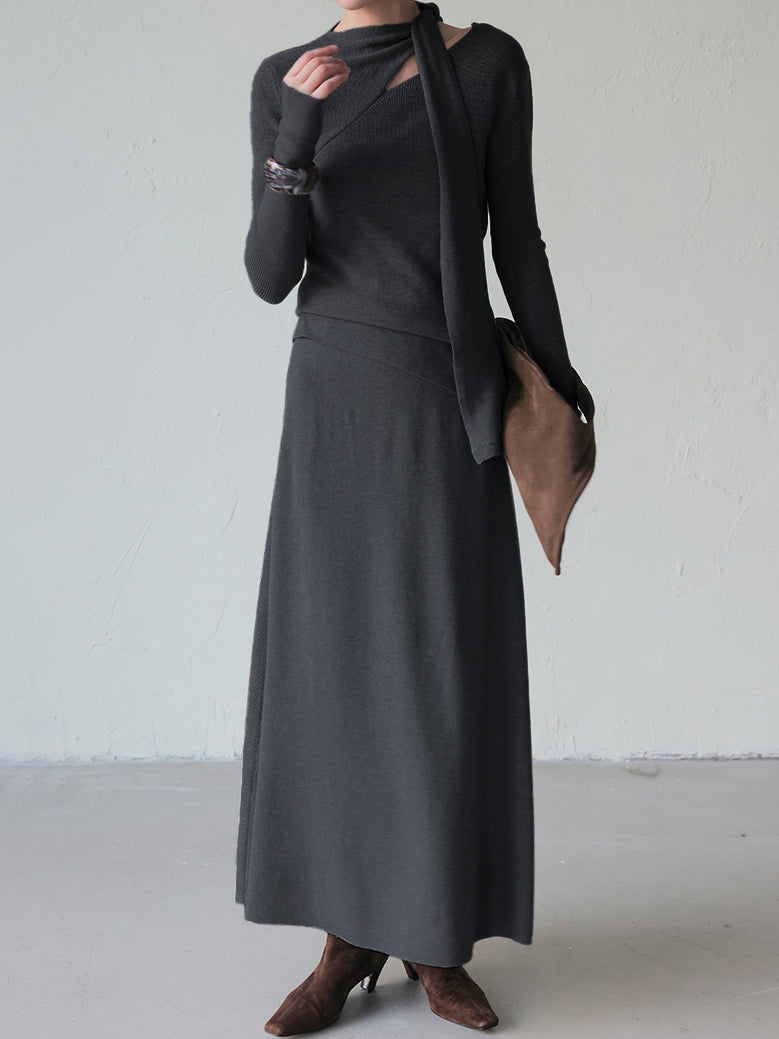 Asymmetrical Bowtie Knit + Long Flared Knit Skirt Set (5 Colors)