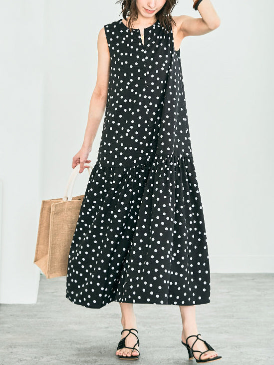 Key neck dot switching long gathered dress 2 colors