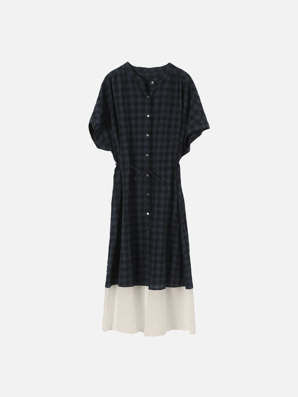 Band collar check belted dress, 2 colors