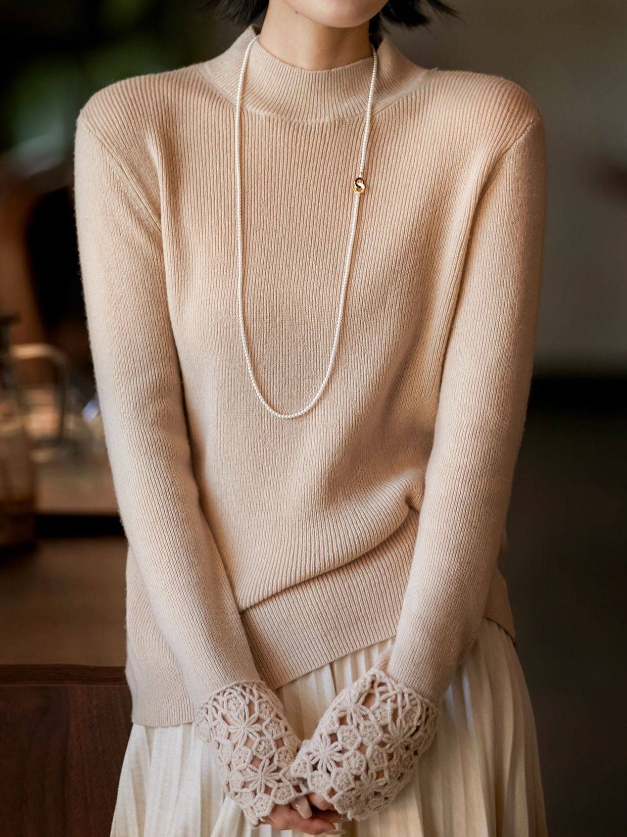 Lace Cuff Docking Mock Neck Knit (4 Colors)