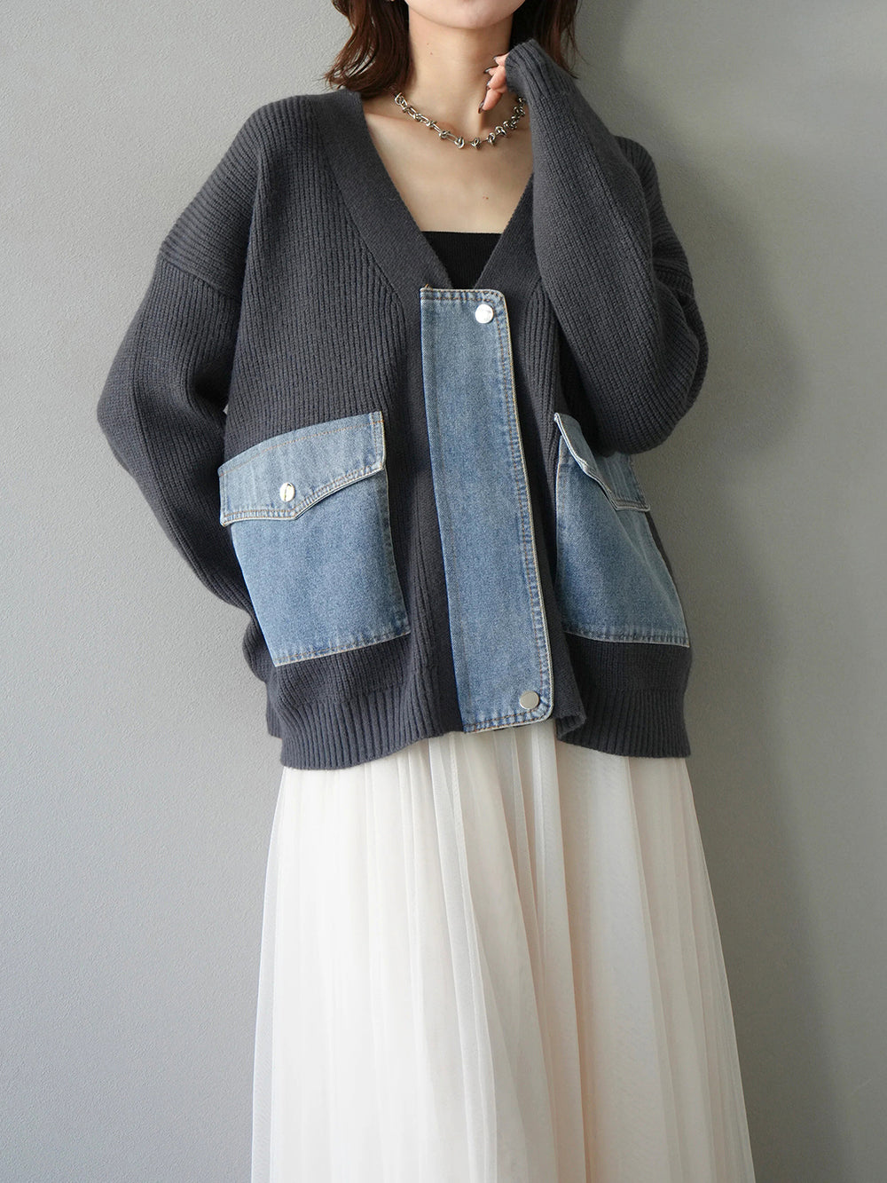 Denim pocket design knit cardigan (4 colors)