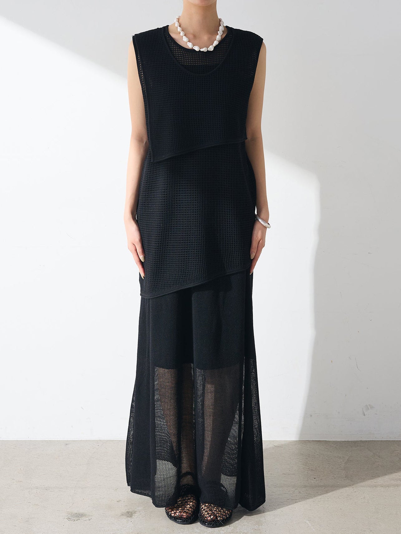 Mesh layered knit top + skirt set (4 colors)