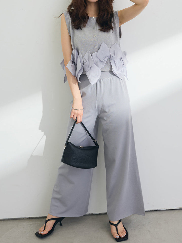 ヘムオーガンジーリボンスリーブレスニット+ニットワイドパンツSET