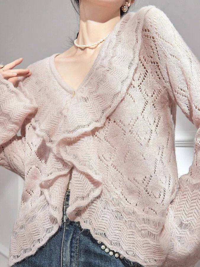 <先行公開>Vネックフリルデザインメッシュニット　2色入 - SonderSable