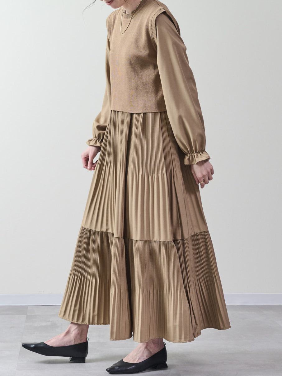 Back Ribbon Knit Vest + Pleated Dress Set (5 Colors)