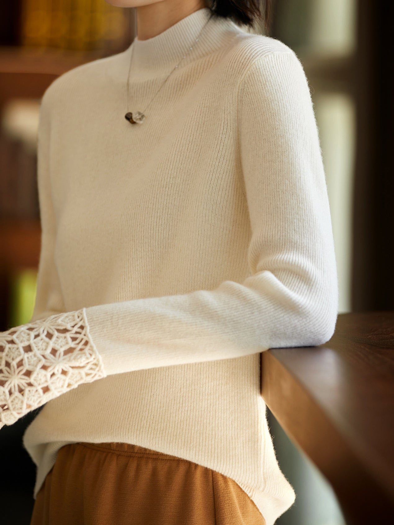 Lace Cuff Docking Mock Neck Knit (4 Colors)