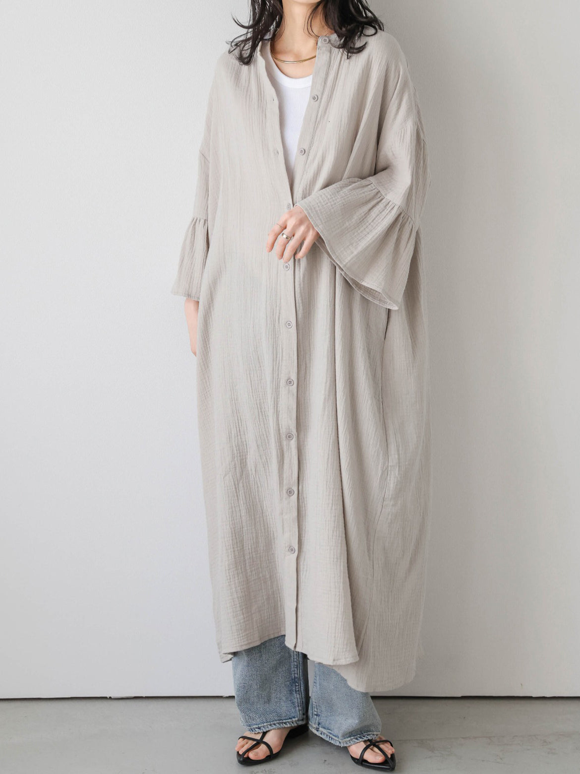 Flare Sleeve Long Shirt Dress (4 Colors)