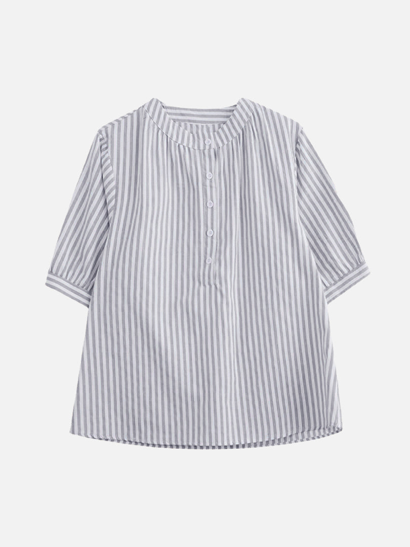 Band collar striped blouse in 3 colors