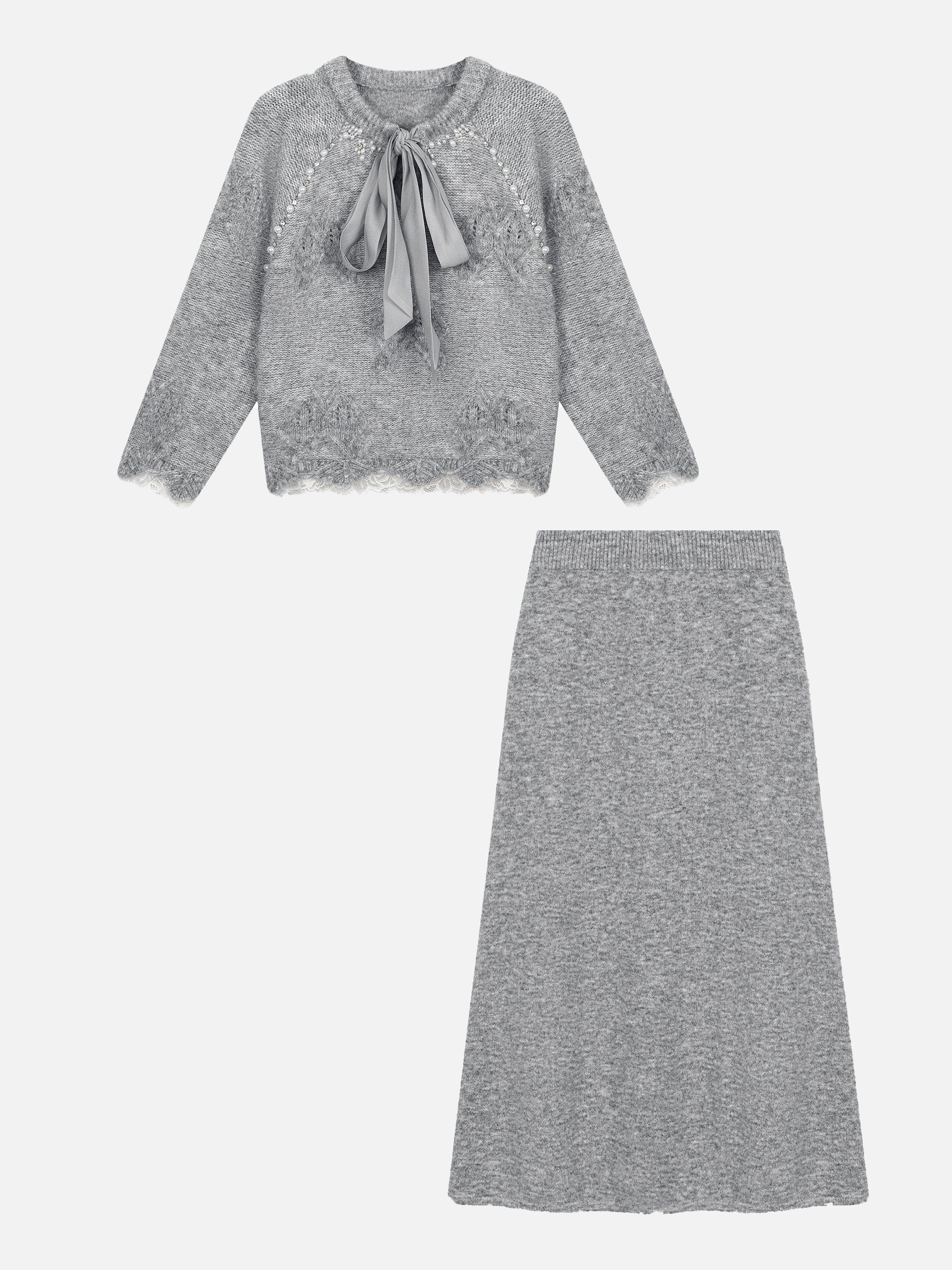Ribbon design pearl lace knit + knit skirt set (3 colors)