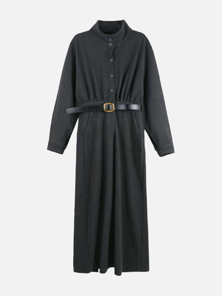 ベルト付ハイネックロングシャツワンピース