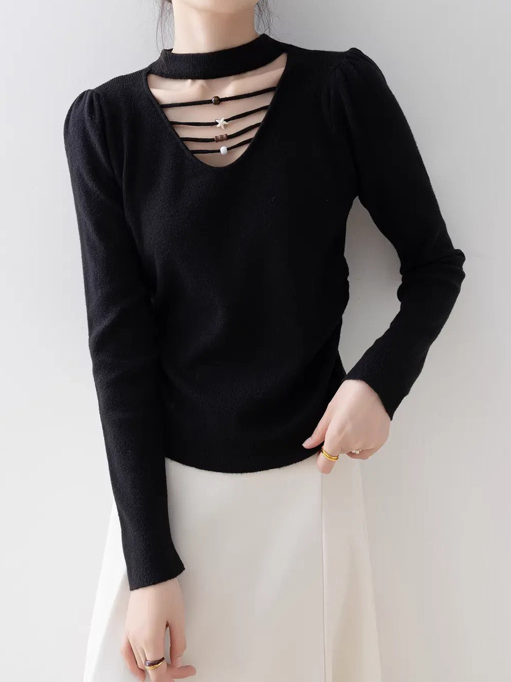 High-neck beaded strap design knitwear (4 colors)