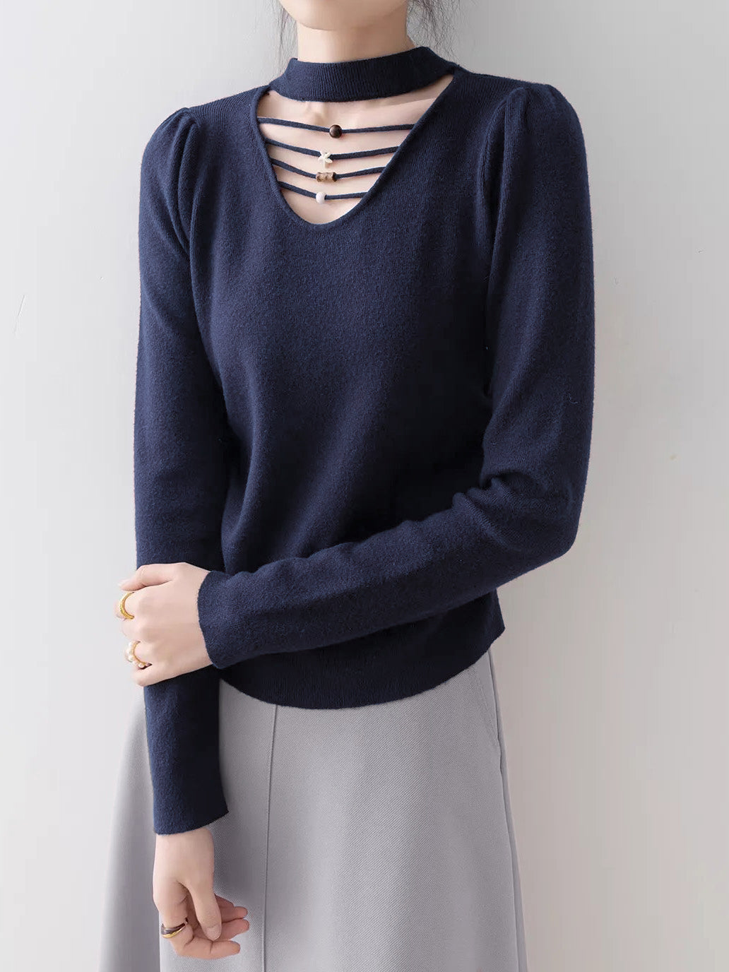 High-neck beaded strap design knitwear (4 colors)