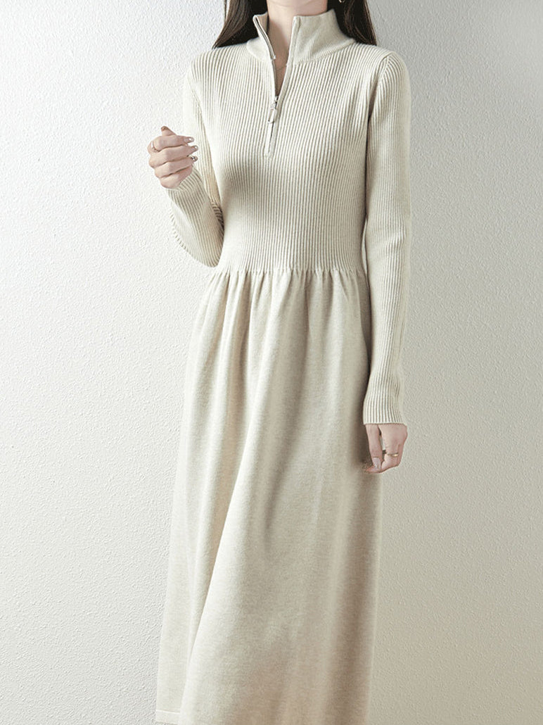 Half-Zip High-Neck Rib Knit Dress (5 Colors)
