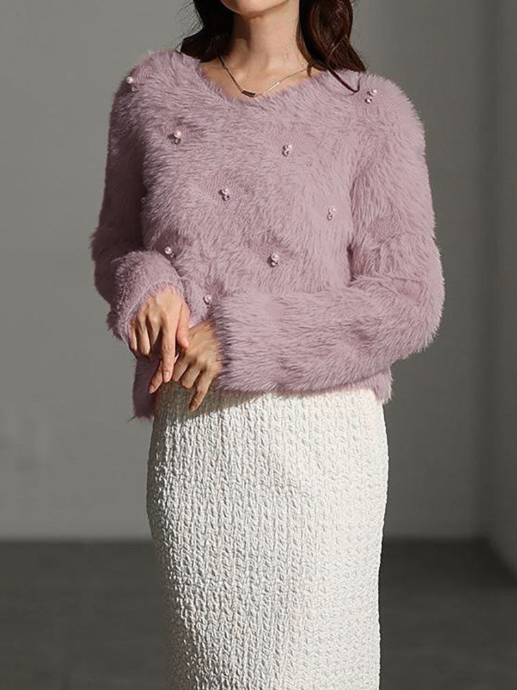 パール付きシャギーニットトップス　6色入