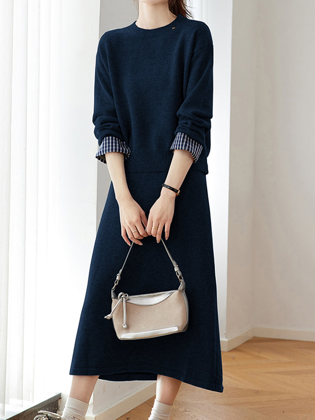 Checkered Cuff Knit + Knit Flare Skirt Set (4 Colors)