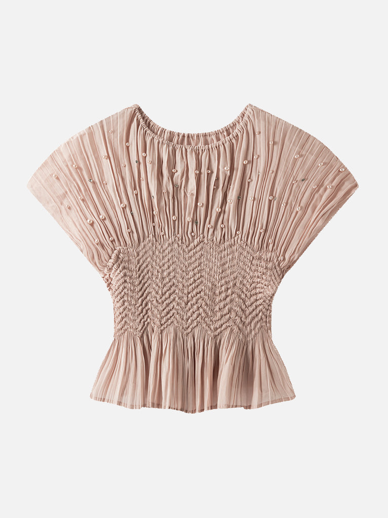 Shirred Waist Bead Fade Out Pleated Top - Available in 4 colors