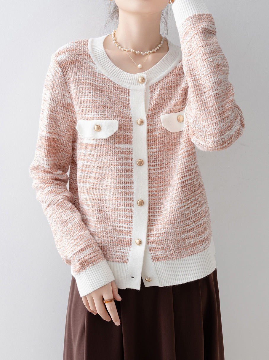 Flap color-coordinated mixed yarn knit cardigan (3 colors)