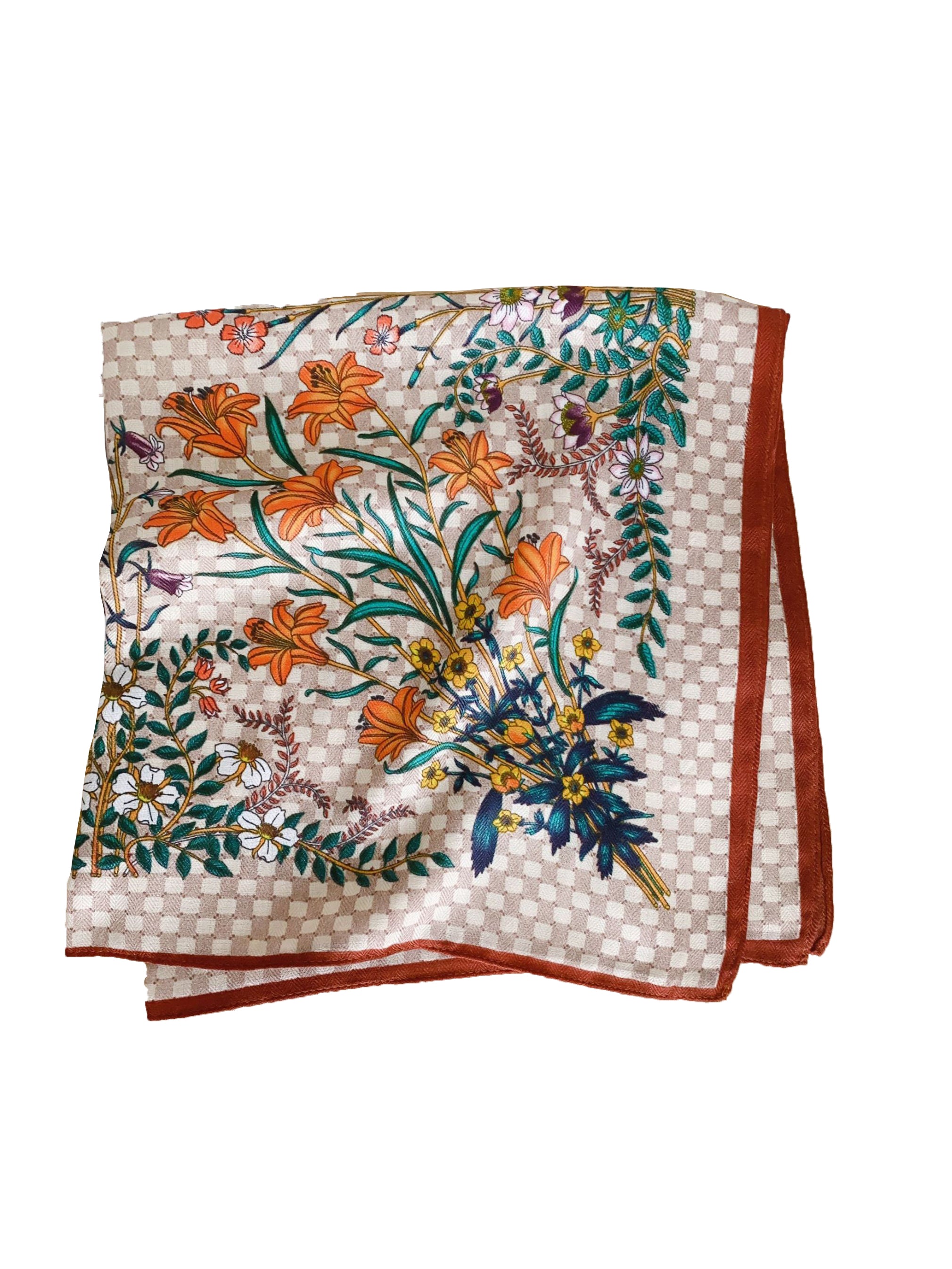 Flower-trimmed scarf in 2 colors