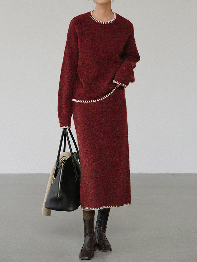 配色ハンドステッチニットトップス＋タイトスカートSET　4色入