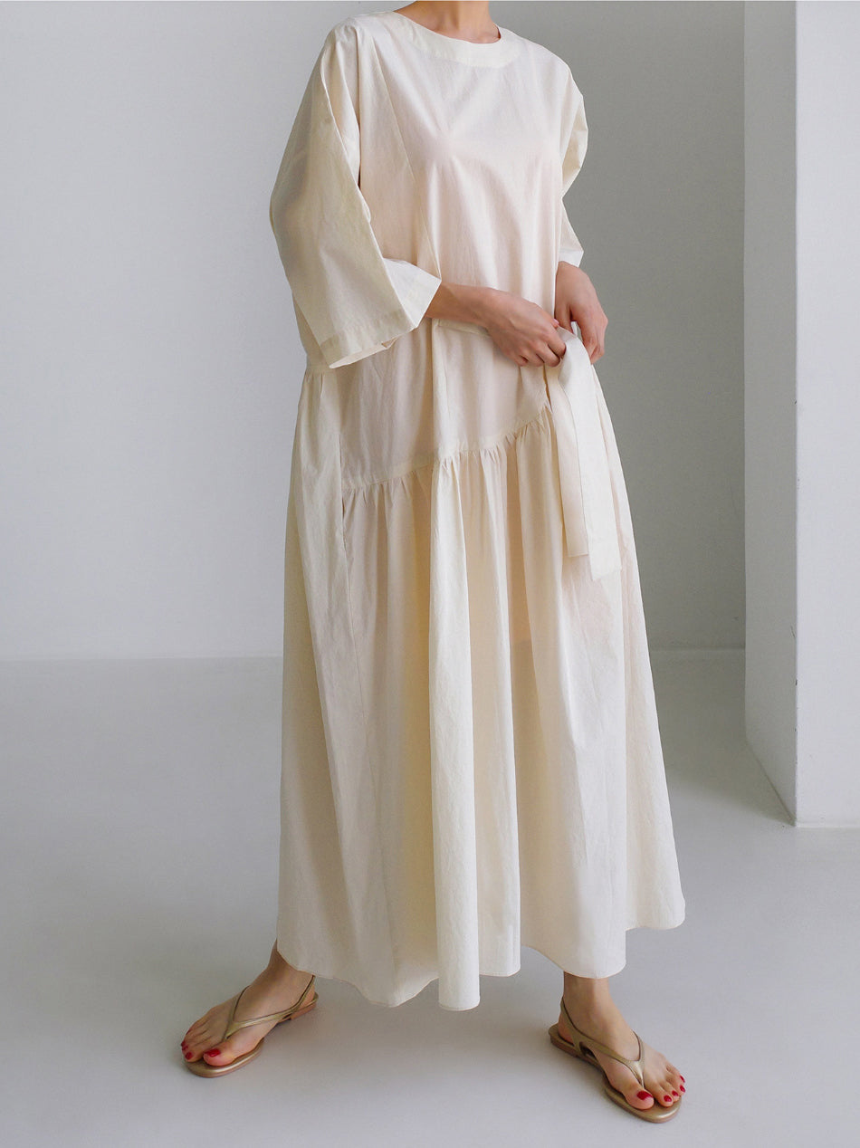 Side Ribbon Relax Gathered Dress 2 Colors